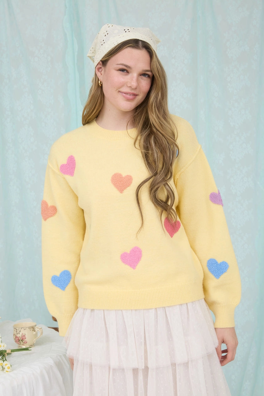 Butter Yellow Mulit-Color Heart Sweater Knit Pullover