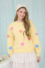 Butter Yellow Mulit-Color Heart Sweater Knit Pullover
