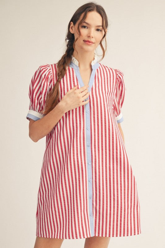 Lilette Button Down Stripe Shift Dress- Red/ Sky Blue