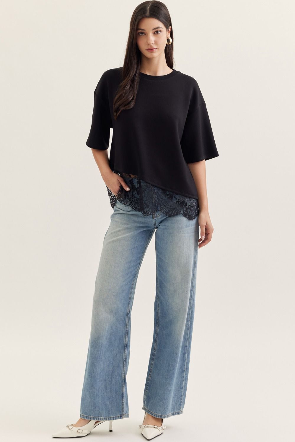 Gia Scallop Lace Hem Knit Top- Black