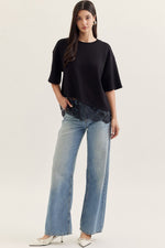 Gia Scallop Lace Hem Knit Top- Black