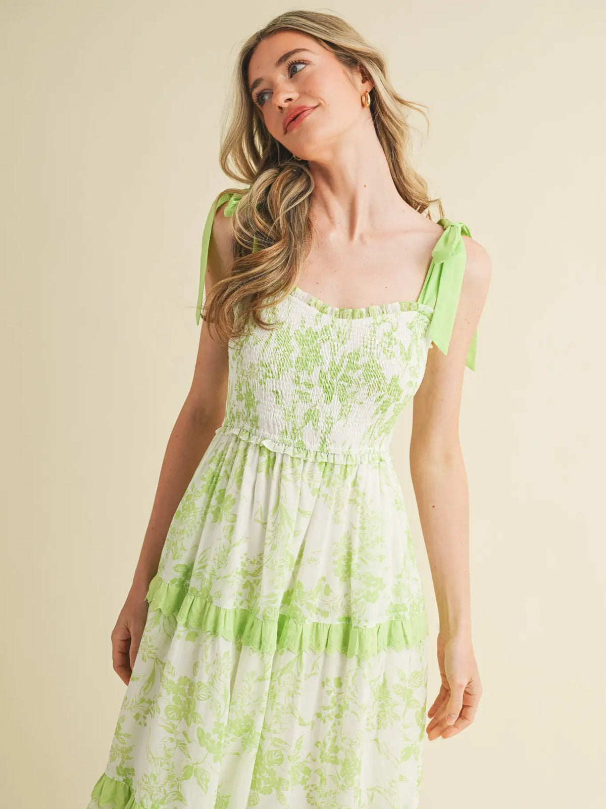 Bright Lime Floral Tiered Scallop Trim Maxi Dress