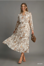 Brown and Ivory Floral Maxi with Self Tie Neck
