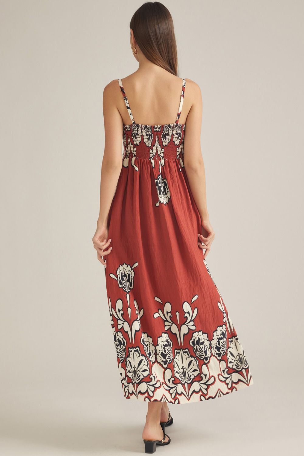 Liza Floral Pleated Neckline Sleeveless Maxi Dress- Brick