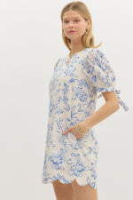 Marley Blue Floral Shift Mini Dress with Puff Sleeve Tie Detail