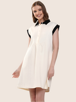 Ivory Knit Pattern Mini Dress with Pearl Button Detail and Colorblock Collar