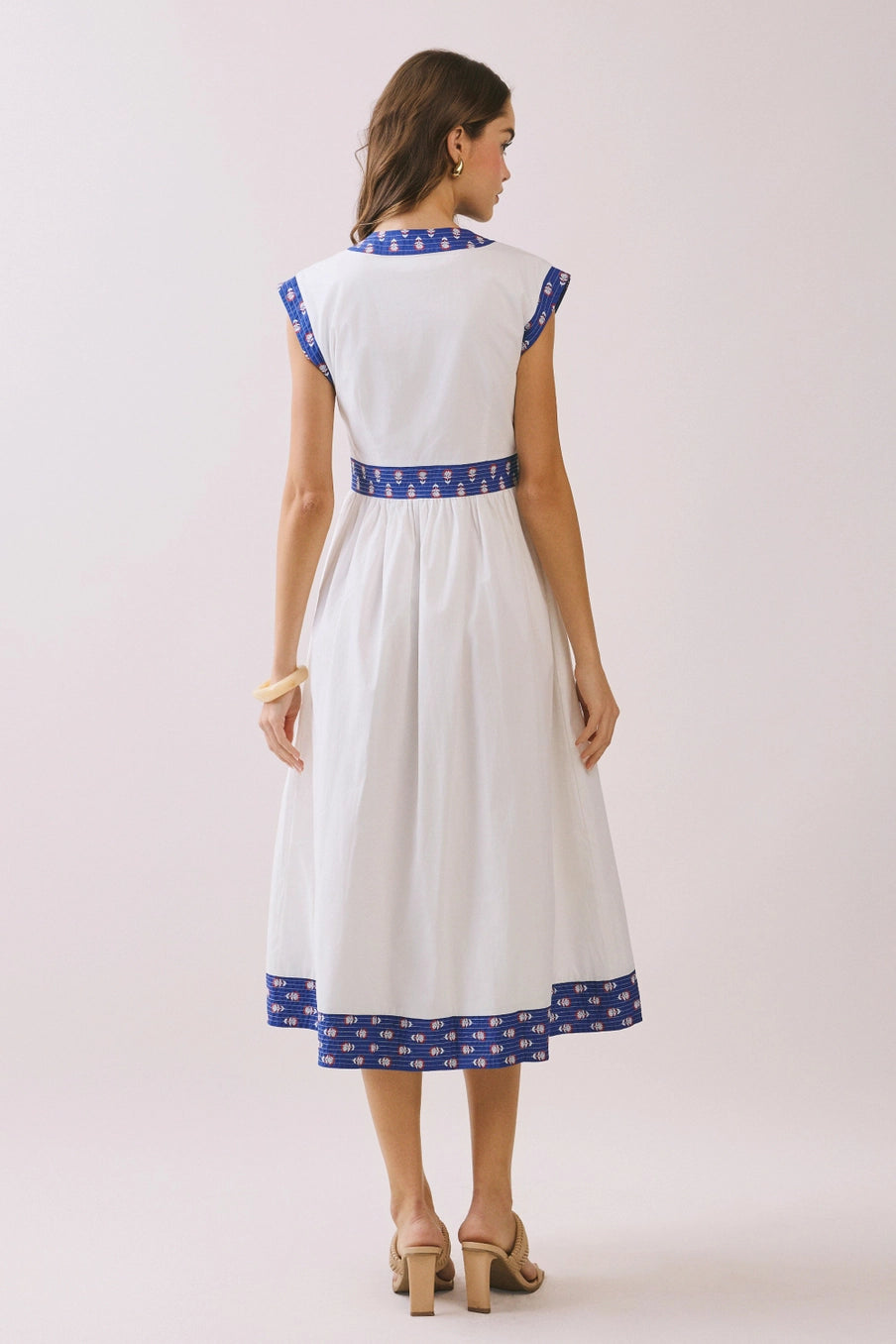 Scarlett Contrast Printed Trim Detail V Neck Midi Dress- White with Red/Blue