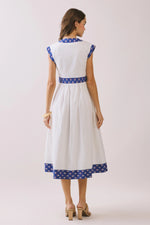 Scarlett Contrast Printed Trim Detail V Neck Midi Dress- White with Red/Blue