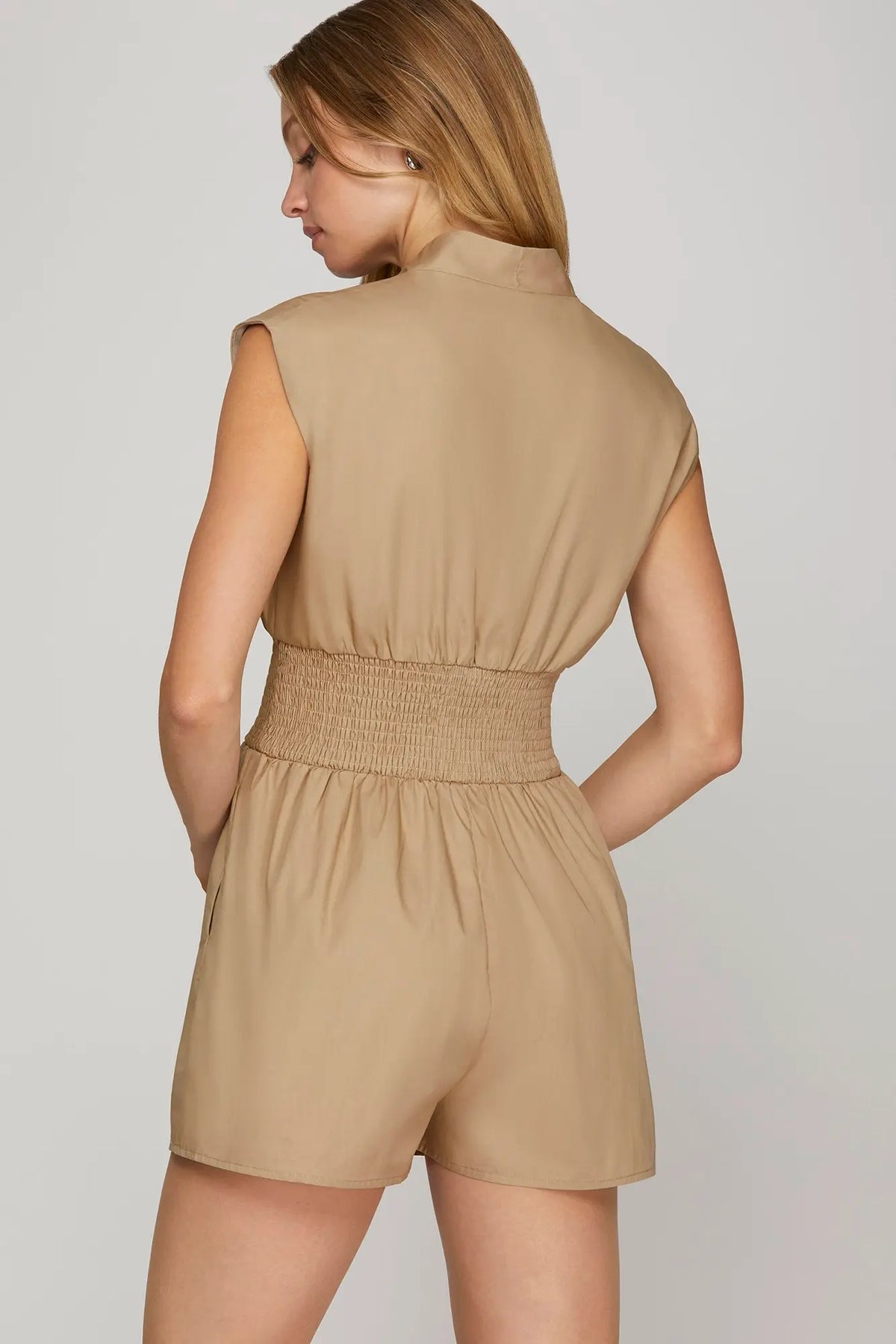 Maren Khaki Zip Front Romper with Smocked Waist and Side Pockets