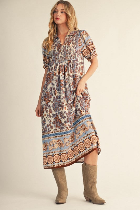 Olivia Boho Floral Smocked Yoke Midi Dress