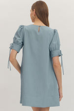 Country Blue Square Pleated Neck Mini Dress