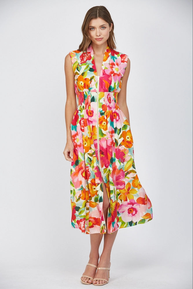 Bold Blooms Zip Front Smocked Waist Midi by FATE