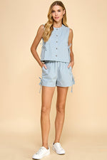 LIGHT BLUE BUTTON DOWN TOP AND SHORT SET WITH BOW ACCENTS