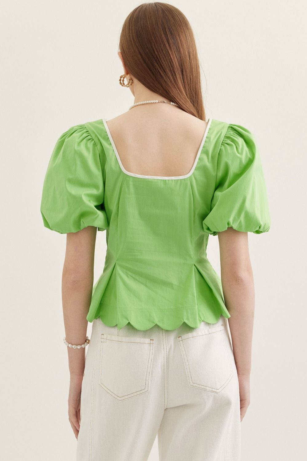 Apple Puff Sleeve Peplum Top with Contrasting Binding