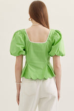 Apple Puff Sleeve Peplum Top with Contrasting Binding