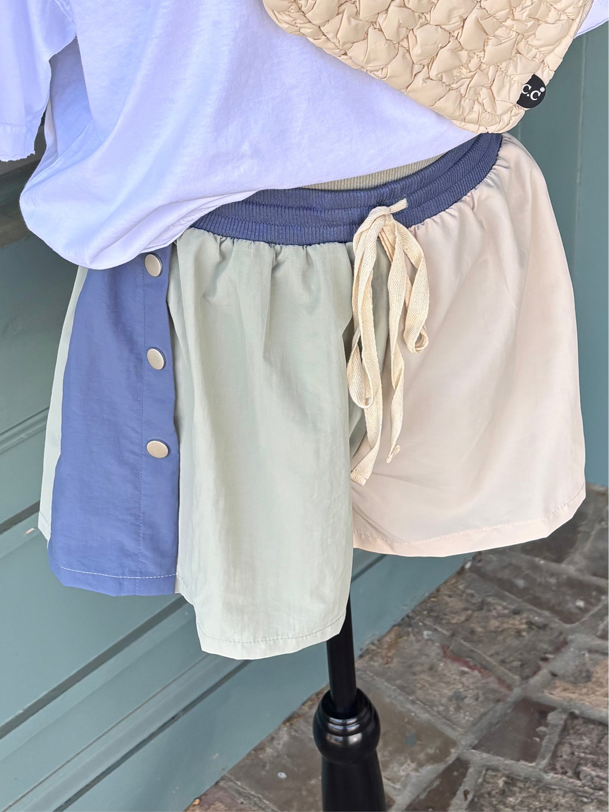 COLOR BLOCK NYLON SHORTS WITH BUTTON DETAIL