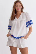 White Poplin Top with Ric Rac in Royal Blue