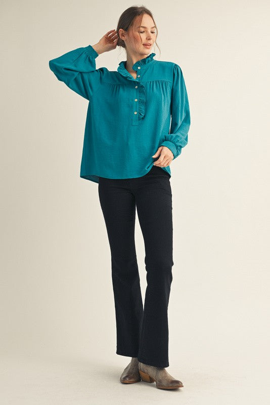 Fiona Ruffle Accent Texture Top- Teal