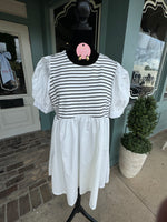 SHORT SLEEVE BLACK/WHITE STRIPED COTTON DRESS