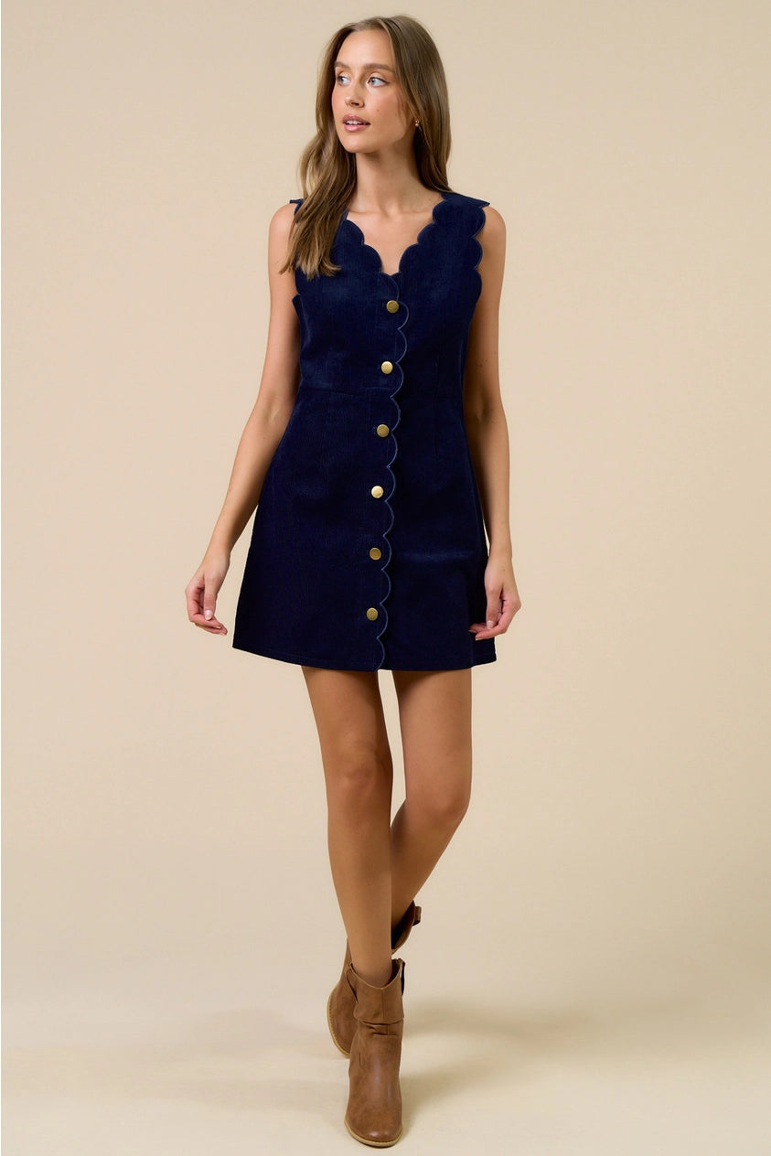 Vivian Navy Corduroy Scallop Edge Button Down Mini Dress