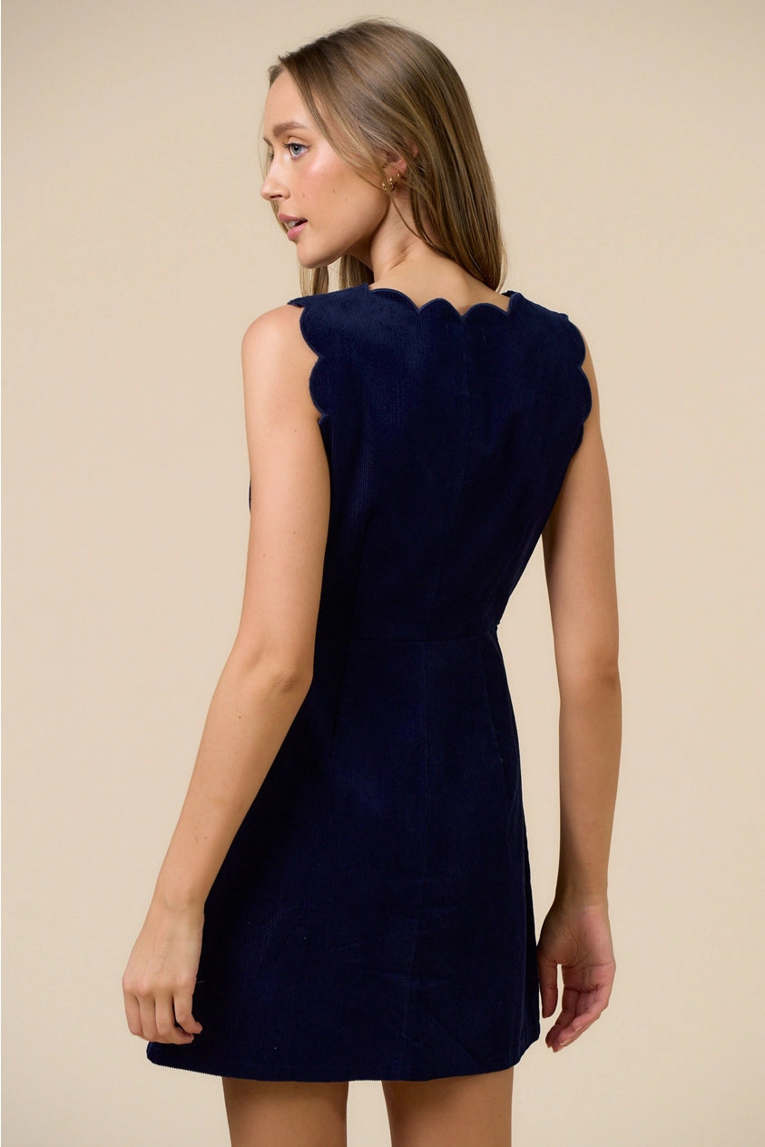 Vivian Navy Corduroy Scallop Edge Button Down Mini Dress