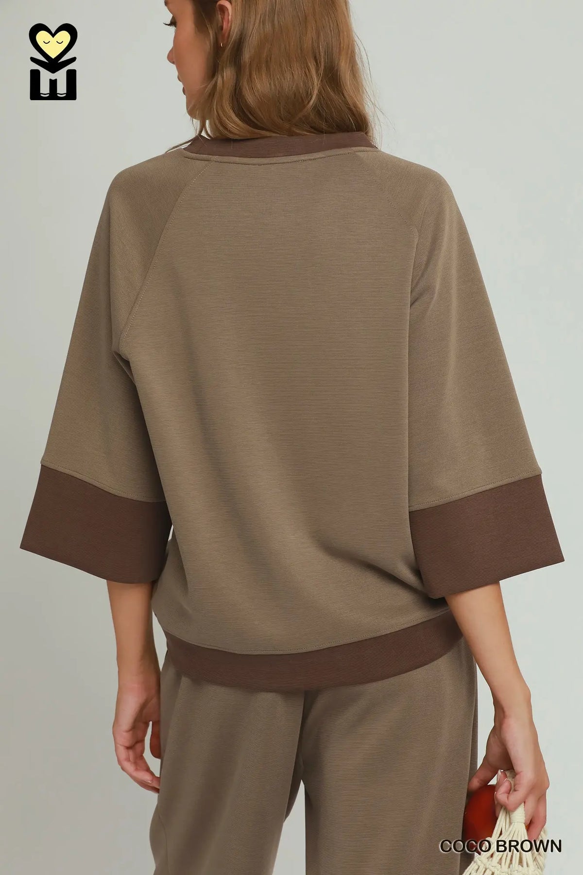 CLOUDKNIT Raglan Sleeve Colorblock Crewneck Top & Straight Pant SET- Cocoa Brown