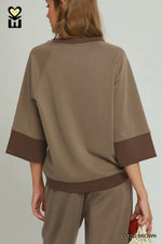 CLOUDKNIT Raglan Sleeve Colorblock Crewneck Top & Straight Pant SET- Cocoa Brown
