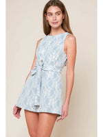 Ice Blue Floral Lace Romper with Self Tie Sash and Back Zipper Closure
