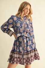 Blue/Mauve Floral Tie Waist Mini Dress