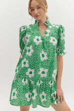 Green Floral Puff Sleeve Mini Dress