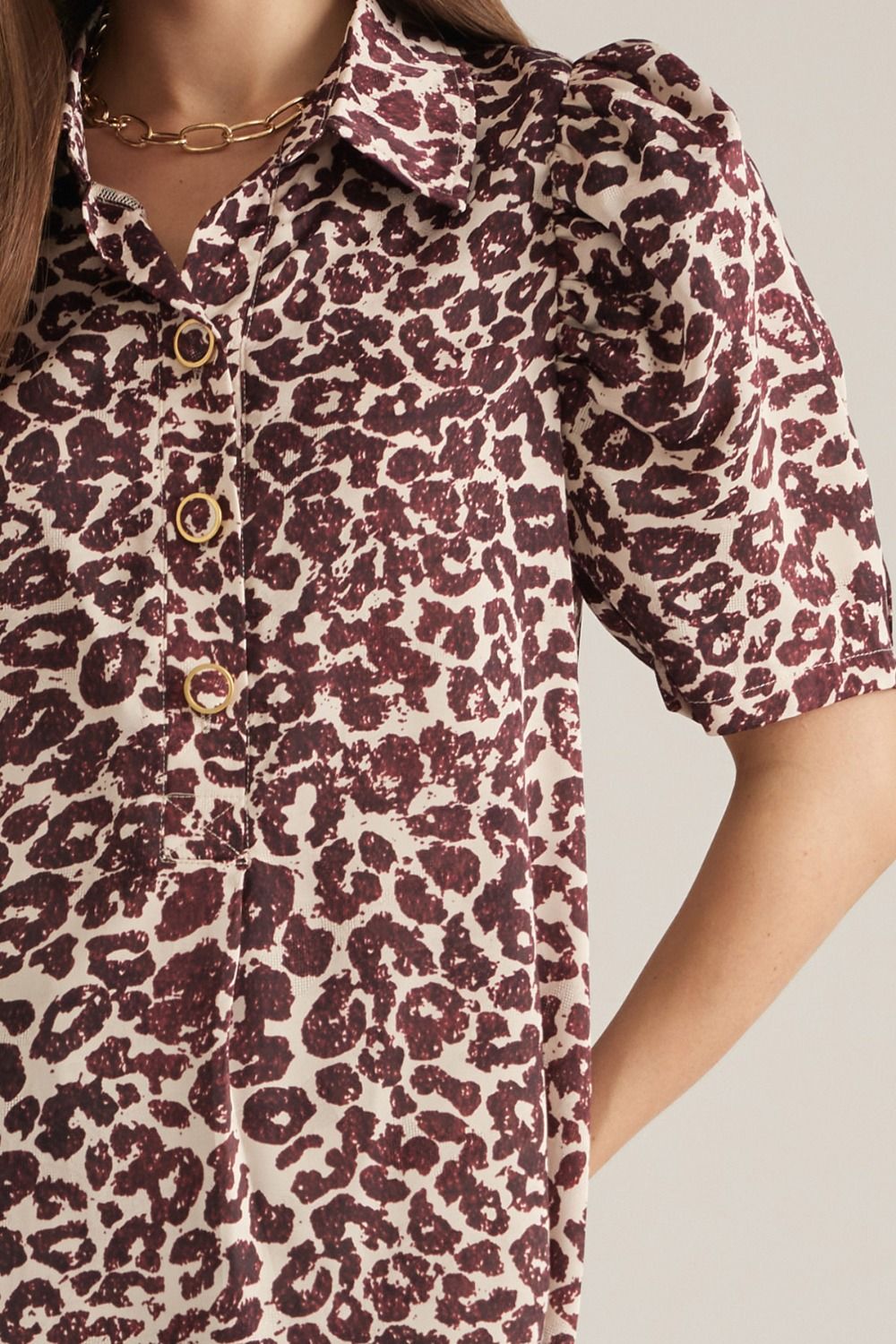 Maroon Leopard Pleated Sleeve Button Down Top