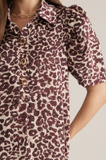 Maroon Leopard Pleated Sleeve Button Down Top