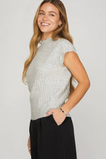 HEATHER GRAY SHORT SLEEVE RIBBED KNIT SWEATER TOP