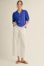 Gigi Super Soft Gold Button Detail Collared Top- Royal