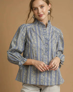 Dusty Blue High Ruffle Neck Button Front Top