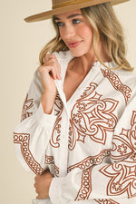 Ivory Embroidered Mock Neck Button Up Top with Dark Camel Stitching