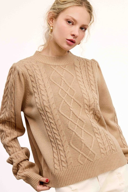 Soft Crew Neck Cable Knit Sweater- Crumb Cake