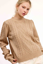 Soft Crew Neck Cable Knit Sweater- Crumb Cake