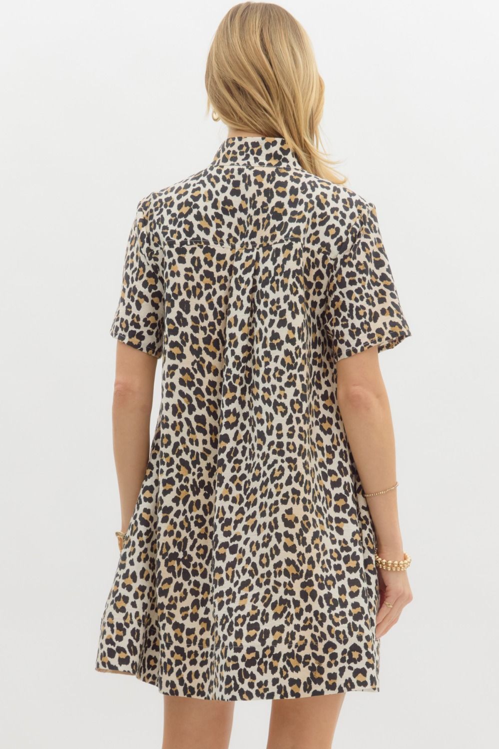 Leopard Pullover Mini Dress with Contrast Button Collar