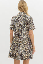 Leopard Pullover Mini Dress with Contrast Button Collar