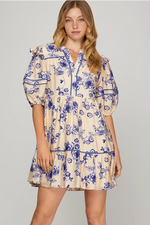 HALF SLEEVE CONTRAST PIPING DETAIL TIERED WOVEN PRINT DRESS WITH POCKETS