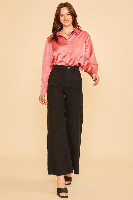 Vera Wide Leg Stretch Patch Pocket Denim- Black