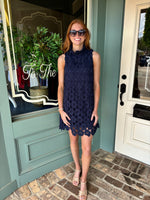 Navy Mock Ruffle Halter Tie Neck Lace Dress