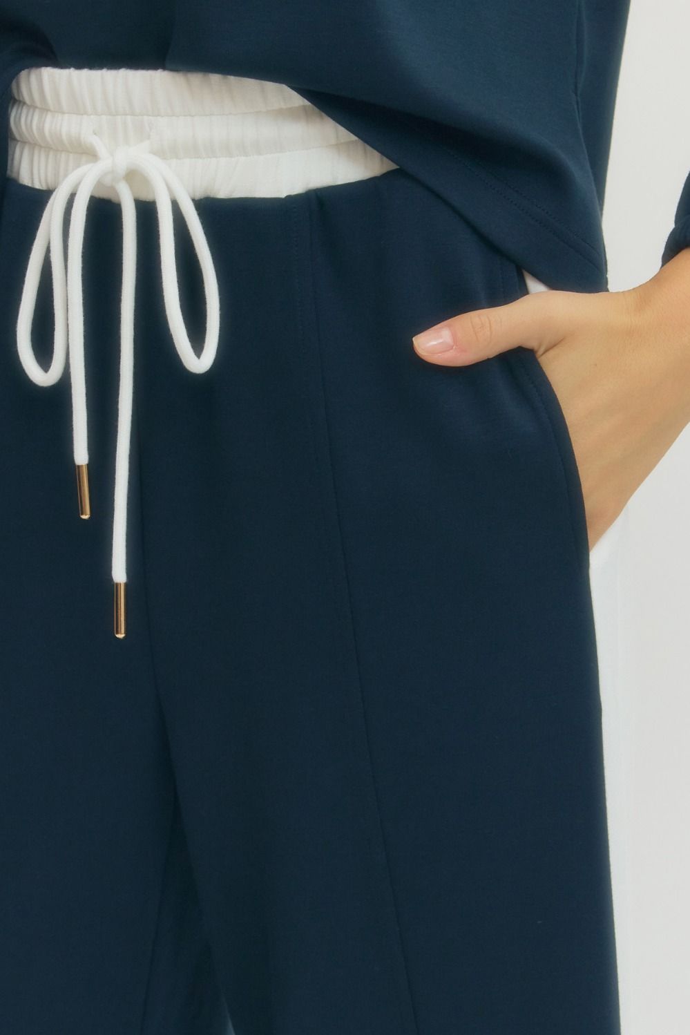 Super Soft Navy Collar Top and Wide Leg Pants SET with Contrast Stripe Detail