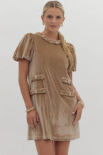 Puff Sleeve Velvet Mini Dress with Braided Neck and Pocket Detail