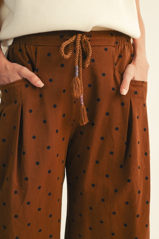 Ellison Wide Leg Polka Dot Pant w/ Drawstring Waist - Cognac