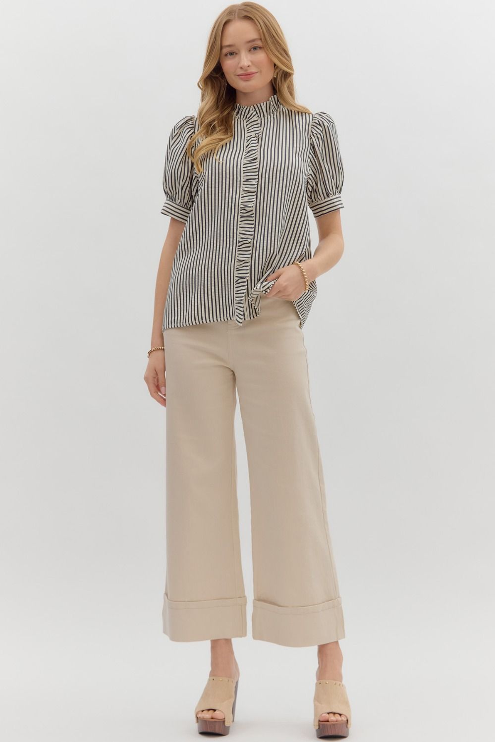 Black Striped Puff Sleeve Top featuring Ruffle Accent Hidden Placket Closure