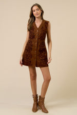Cinnamon Embroidered Suede Button Down Mini Dress