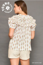 Floral Print Top with Ruffle Bib Detail