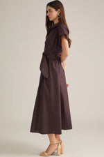 Lexie Button Down Midi Shirt Dress with Belted Waist- Chocolate